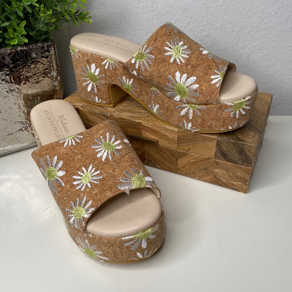 Matisse Anthropologie Terry Tan Floral Cork Platform‎ Wedge Slide Sandals Size 9